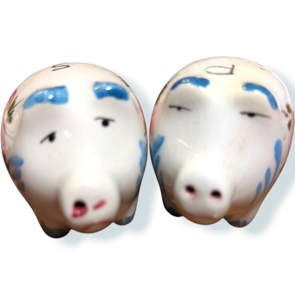 Vintage Style Micro Ceramic Piggy Salt and Pepper Shakers Pink Floral Set